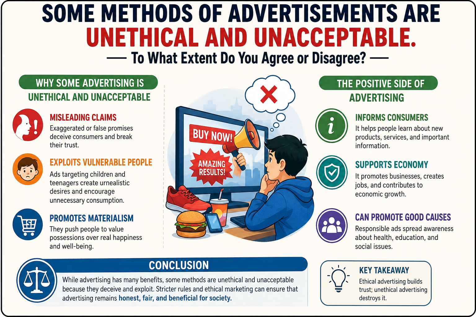 Some methods of advertising are unethical and unacceptable. To what extent do you agree or disagree?